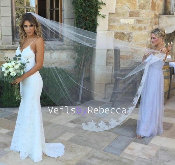 1 tier cathedral veil ,ivory chapel lace veil,Chantilly lace cathedral veil,long lace bottom veil, soft tulle chantilly lace veil V612 - Image 3