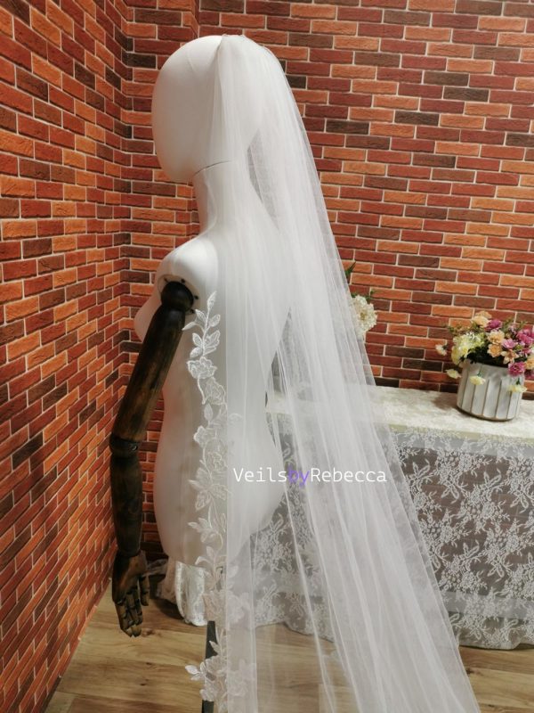 1 tier sequins floral vines embroidery lace cathedral wedding veil, sparking scattered sequins vines floral lace appliques bridal veil S480 - Image 2