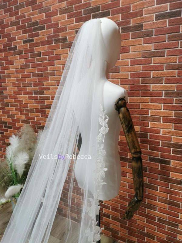 1 tier sequins floral vines embroidery lace cathedral wedding veil, sparking scattered sequins vines floral lace appliques bridal veil S480 - Image 4