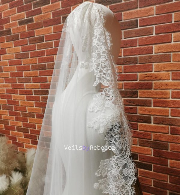 1 tier Chantilly lace appliques scattered Mantilla Wedding Veil, soft tulle Spanish Chantilly Lace Mantilla royal Wedding Veil V680F - Image 8