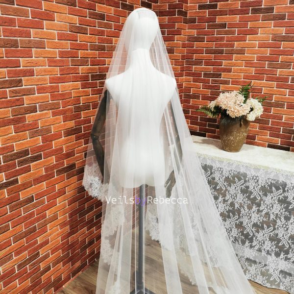 1 piece 2 tiers Chantilly lace veil with a blusher, 2 tiers wide Chantilly eyelash lace cathedral drop floating wedding veil V610D - Image 3