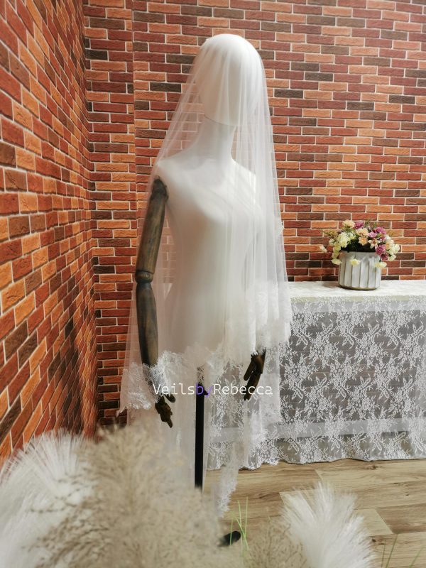 1 piece 2 tiers Chantilly lace veil with a blusher, 2 tiers wide Chantilly eyelash lace cathedral drop floating wedding veil V610D - Image 4