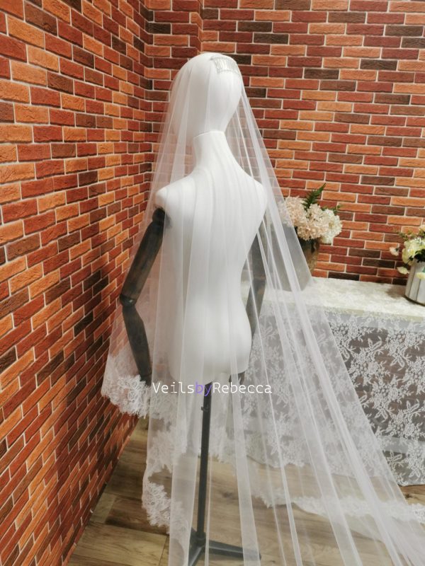 1 piece 2 tiers Chantilly lace veil with a blusher, 2 tiers wide Chantilly eyelash lace cathedral drop floating wedding veil V610D - Image 5