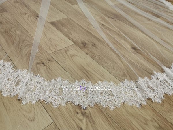 1 piece 2 tiers Chantilly lace veil with a blusher, 2 tiers wide Chantilly eyelash lace cathedral drop floating wedding veil V610D - Image 8