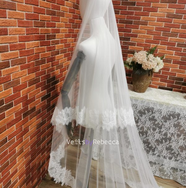 1 piece 2 tiers Chantilly lace veil with a blusher, 2 tiers wide Chantilly eyelash lace cathedral drop floating wedding veil V610D - Image 2