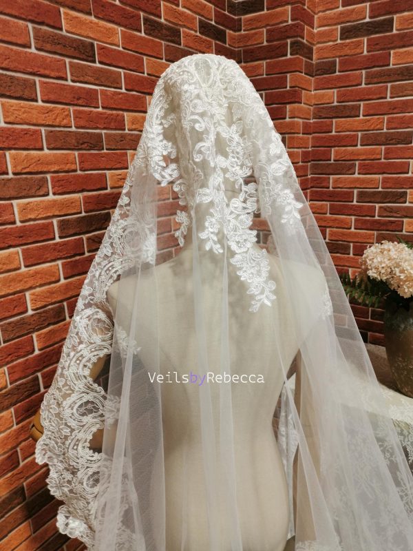 Il Fullxfull.6394058988 Octr.jpg 1 tier Wide embroidery lace Mantilla Wedding Veil, soft tulle Ivory Spanish corded floral Lace 1st Communion Mantilla Cathedral Wedding Veil - Image 3