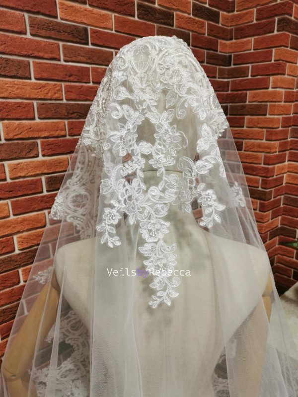 Il Fullxfull.6394059016 94x7.jpg 1 tier Wide embroidery lace Mantilla Wedding Veil, soft tulle Ivory Spanish corded floral Lace 1st Communion Mantilla Cathedral Wedding Veil - Image 6