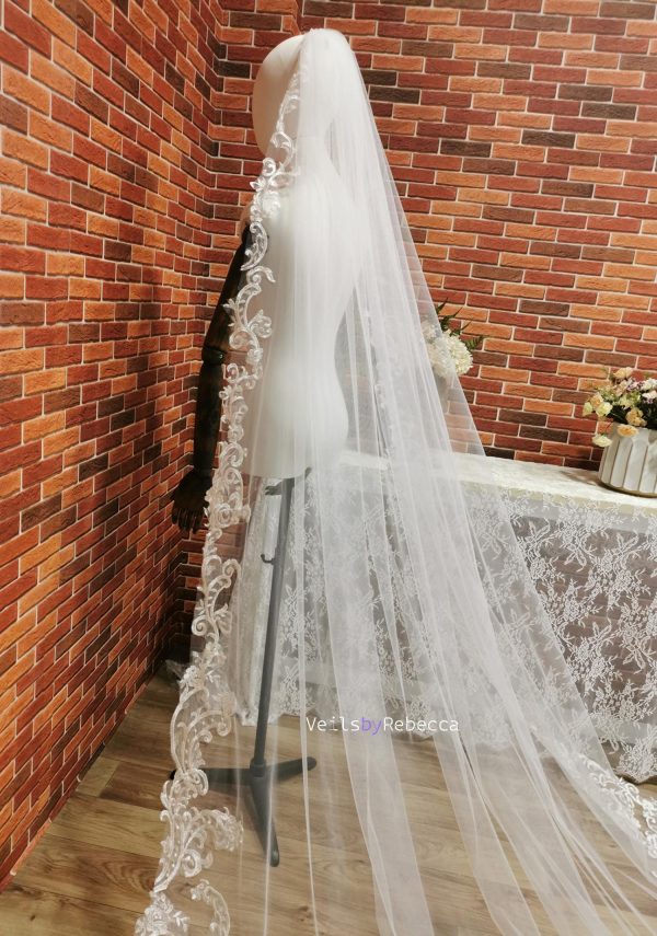 1 tier sequins embroidery lace cathedral wedding veil, ivory Royal lace wedding veil, sparking sequins vintage lace bridal veil R238F - Image 5