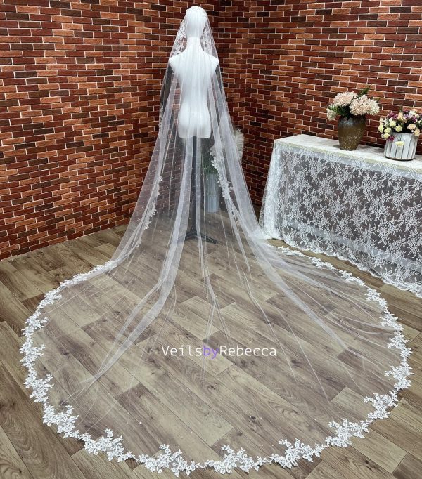 1 tier sparking catholic religious Spanish Mantilla floral lace appliques wedding veil, scattered crystals lace Mantilla bridal veil R263C - Image 9