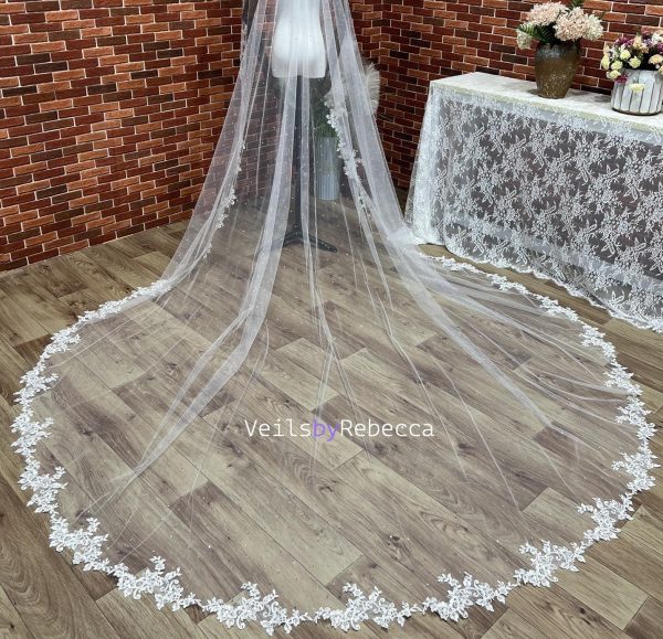 1 tier sparking catholic religious Spanish Mantilla floral lace appliques wedding veil, scattered crystals lace Mantilla bridal veil R263C - Image 2