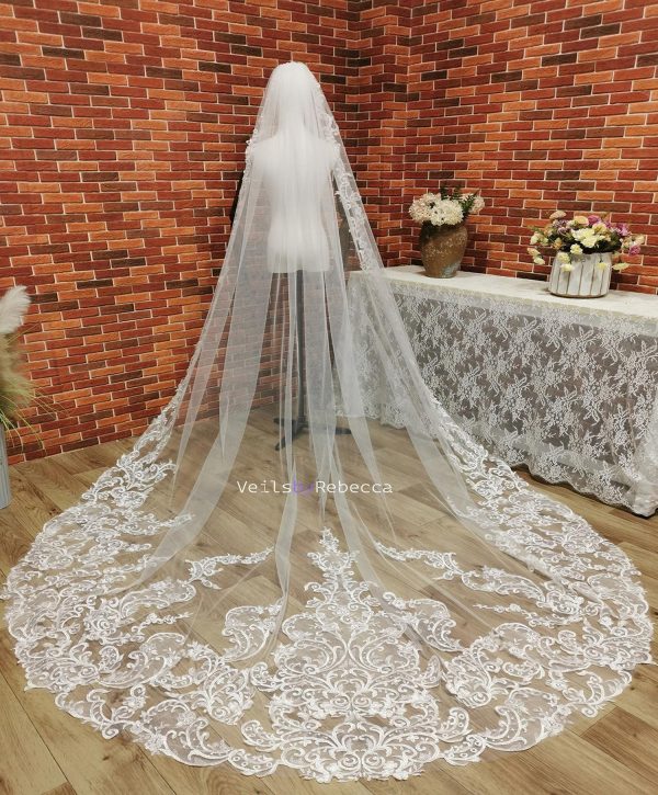 1 tier sequins embroidery lace cathedral wedding veil, ivory Royal lace wedding veil, sparking sequins vintage lace bridal veil R238F - Image 3