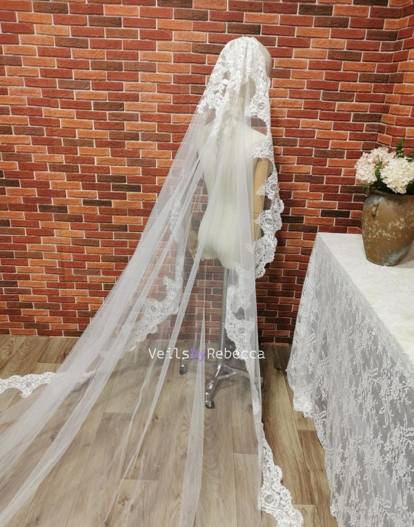 Il Fullxfull.6442150121 Ltu1.jpg 1 tier Wide embroidery lace Mantilla Wedding Veil, soft tulle Ivory Spanish corded floral Lace 1st Communion Mantilla Cathedral Wedding Veil - Image 2