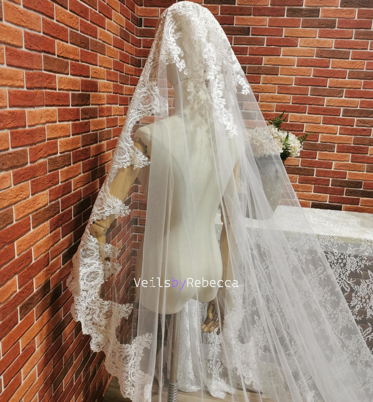 Il Fullxfull.6442150123 Tn7t.jpg 1 tier Wide embroidery lace Mantilla Wedding Veil, soft tulle Ivory Spanish corded floral Lace 1st Communion Mantilla Cathedral Wedding Veil - Image 1