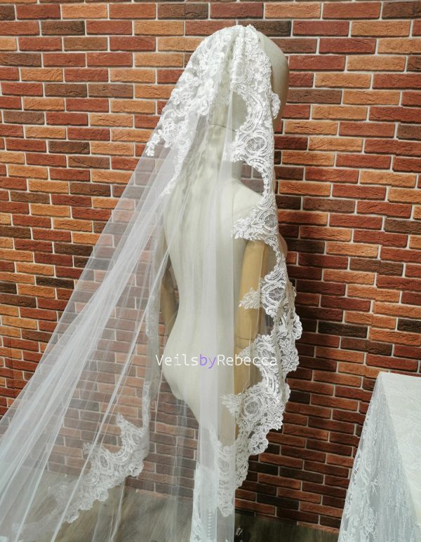 Il Fullxfull.6442150125 1glz.jpg 1 tier Wide embroidery lace Mantilla Wedding Veil, soft tulle Ivory Spanish corded floral Lace 1st Communion Mantilla Cathedral Wedding Veil - Image 8