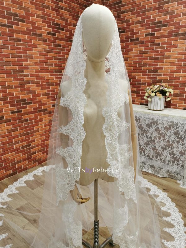 Il Fullxfull.6442150127 Ks9j.jpg 1 tier Wide embroidery lace Mantilla Wedding Veil, soft tulle Ivory Spanish corded floral Lace 1st Communion Mantilla Cathedral Wedding Veil - Image 4