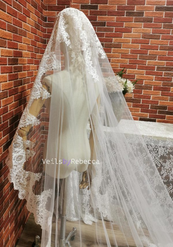 Il Fullxfull.6442150129 Mn44.jpg 1 tier Wide embroidery lace Mantilla Wedding Veil, soft tulle Ivory Spanish corded floral Lace 1st Communion Mantilla Cathedral Wedding Veil - Image 7