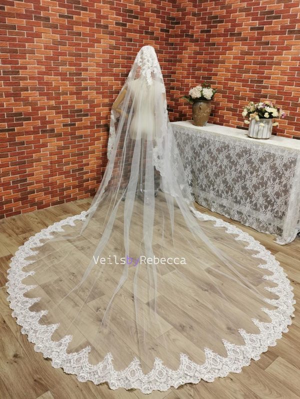 Il Fullxfull.6442150145 Plj0.jpg 1 tier Wide embroidery lace Mantilla Wedding Veil, soft tulle Ivory Spanish corded floral Lace 1st Communion Mantilla Cathedral Wedding Veil - Image 5