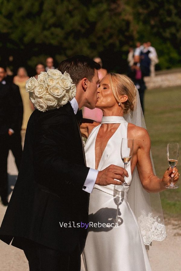 2 tiers floral embroidery lace drop floating wedding veil in royal length, 2 layers lace blusher bridal veil V657D - Image 5