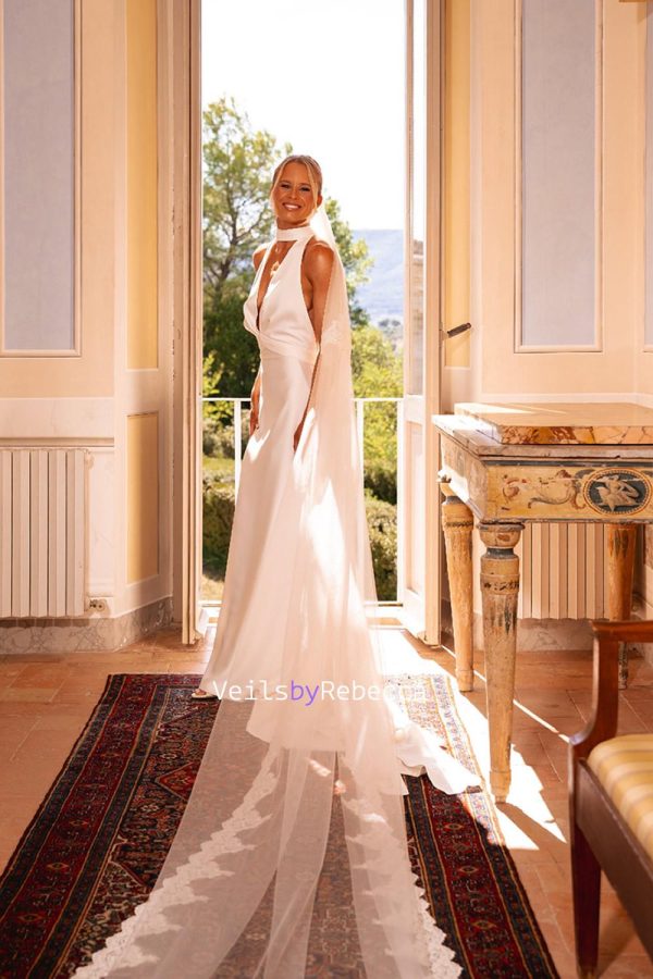 2 tiers floral embroidery lace drop floating wedding veil in royal length, 2 layers lace blusher bridal veil V657D - Image 6