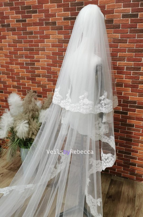2 tiers floral embroidery lace drop floating wedding veil in royal length, 2 layers lace blusher bridal veil V657D - Image 8
