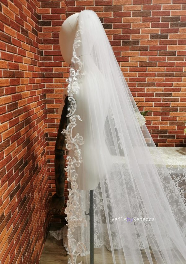 1 tier sequins embroidery lace cathedral wedding veil, ivory Royal lace wedding veil, sparking sequins vintage lace bridal veil R238F - Image 2