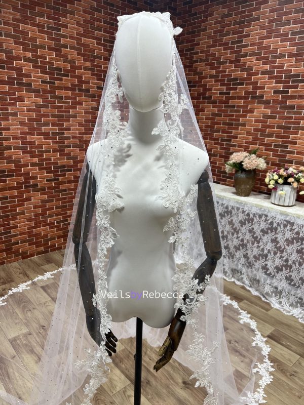 1 tier sparking catholic religious Spanish Mantilla floral lace appliques wedding veil, scattered crystals lace Mantilla bridal veil R263C - Image 4