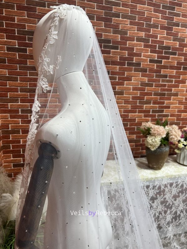 1 tier sparking catholic religious Spanish Mantilla floral lace appliques wedding veil, scattered crystals lace Mantilla bridal veil R263C - Image 3