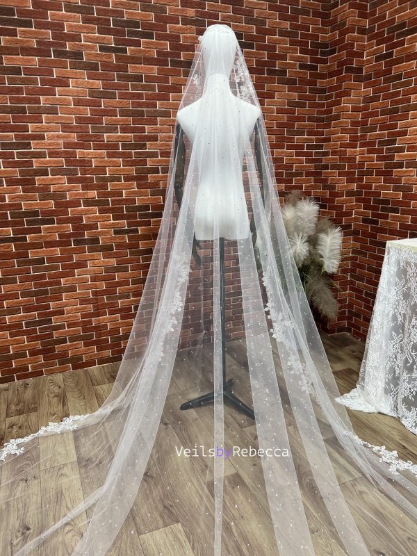 1 tier sparking catholic religious Spanish Mantilla floral lace appliques wedding veil, scattered crystals lace Mantilla bridal veil R263C - Image 7