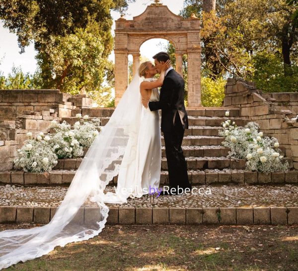 2 tiers floral embroidery lace drop floating wedding veil in royal length, 2 layers lace blusher bridal veil V657D - Image 4