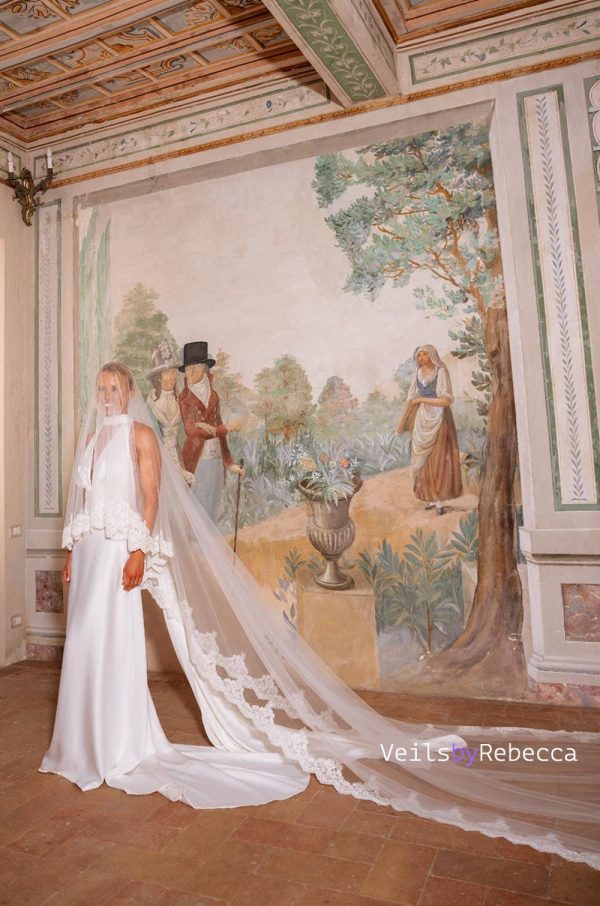 2 tiers floral embroidery lace drop floating wedding veil in royal length, 2 layers lace blusher bridal veil V657D - Image 3