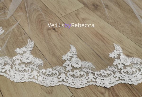 2 tiers floral embroidery lace drop floating wedding veil in royal length, 2 layers lace blusher bridal veil V657D - Image 7