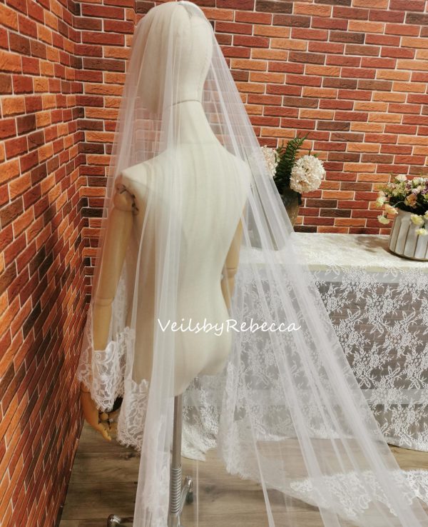 Il Fullxfull.6542630847 T5tn.jpg 1 piece 2 tiers Chantilly lace veil with a blusher, 2 tiers wide Chantilly eyelash lace cathedral drop floating wedding veil V663D - Image 8