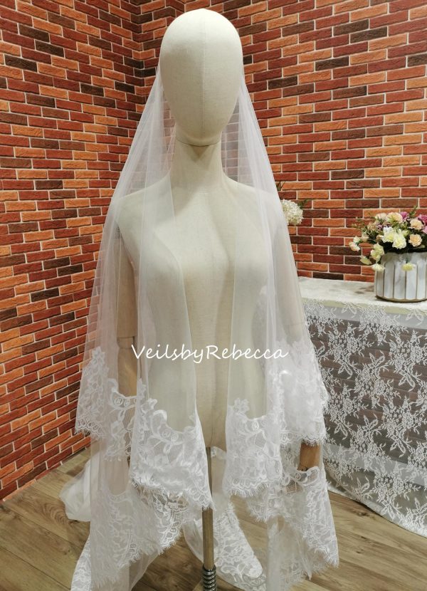 Il Fullxfull.6542630851 Ci0k.jpg 1 piece 2 tiers Chantilly lace veil with a blusher, 2 tiers wide Chantilly eyelash lace cathedral drop floating wedding veil V663D - Image 5