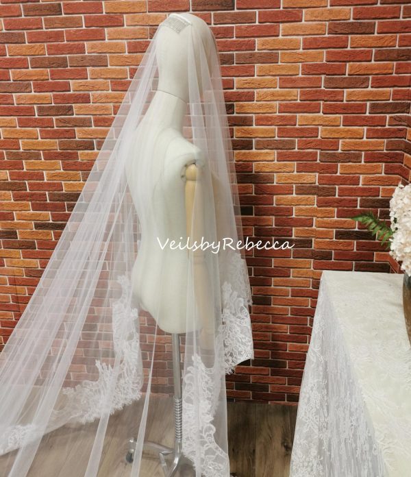 Il Fullxfull.6542630855 64qy.jpg 1 piece 2 tiers Chantilly lace veil with a blusher, 2 tiers wide Chantilly eyelash lace cathedral drop floating wedding veil V663D - Image 6