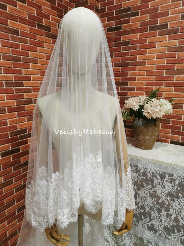 Il Fullxfull.6542630859 Eoz5.jpg 1 piece 2 tiers Chantilly lace veil with a blusher, 2 tiers wide Chantilly eyelash lace cathedral drop floating wedding veil V663D - Image 3