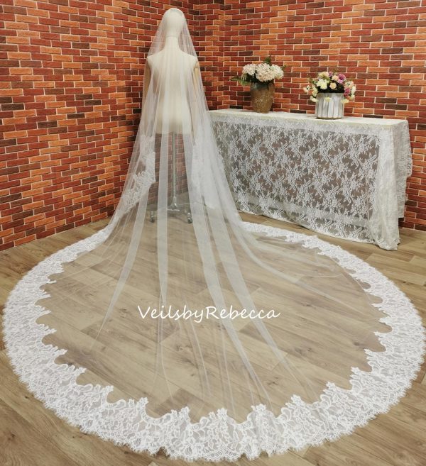 Il Fullxfull.6542630887 Rs9g.jpg 1 piece 2 tiers Chantilly lace veil with a blusher, 2 tiers wide Chantilly eyelash lace cathedral drop floating wedding veil V663D - Image 2