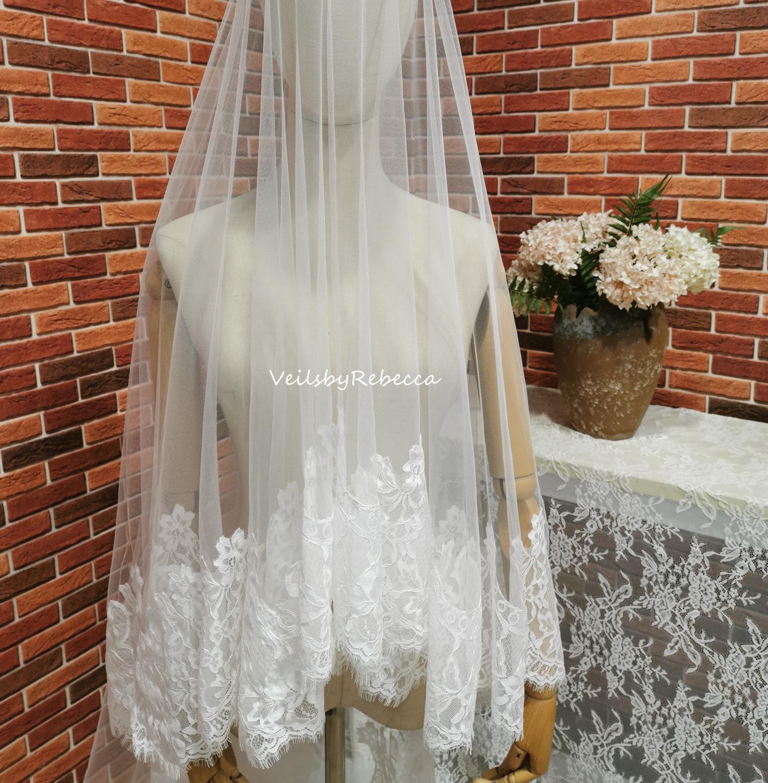 Il Fullxfull.6542637253 Jiqb.jpg 1 piece 2 tiers Chantilly lace veil with a blusher, 2 tiers wide Chantilly eyelash lace cathedral drop floating wedding veil V663D - Image 1
