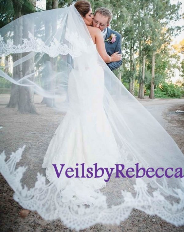 2 tiers chantilly lace chapel wedding veil with blusher, ivory drop lace veil chapel, soft tulle long chantilly lace veil V607 - Image 3