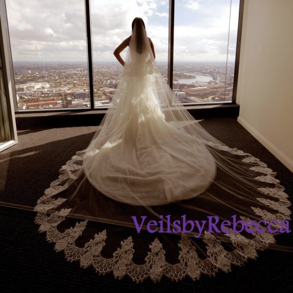Lace Cathedral Veil, cathedral lace veil, cathedral blusher veil, cathedral drop wedding veil, Royal lace Veil, 2 tiers floating veil V611 - Image 4
