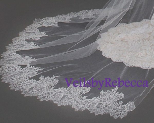 2 tiers cathedral lace veil,cathedral lace bottom veil with plain tulle blusher,french Chantilly lace tulle cathedral veil V612B - Image 4