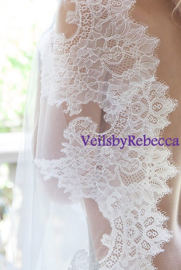 2 tiers cathedral lace veil,cathedral lace bottom veil with plain tulle blusher,french Chantilly lace tulle cathedral veil V612B - Image 5