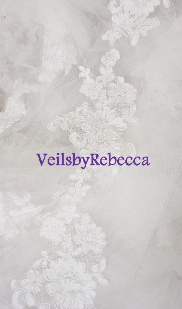 1 tier cathedral lace veil, ivory/white French Alencon lace cathedral veil, crystal beading cathedral lace veil, lace wedding veil V618 - Image 2