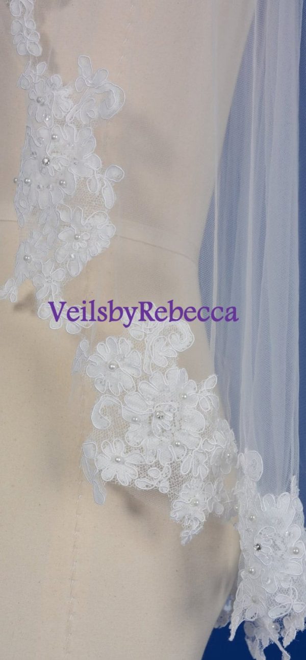 1 tier cathedral lace veil, ivory/white French Alencon lace cathedral veil, crystal beading cathedral lace veil, lace wedding veil V618 - Image 3